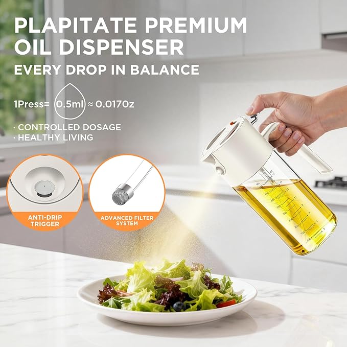 17oz/500ml Premium Olive Oil Sprayer for Cooking, 2 in 1 Glass Olive Oil Dispenser Bottle for Kitchen Gadgets, Spray Bottle with Portion Control for Salad, Frying, BBQ (White)