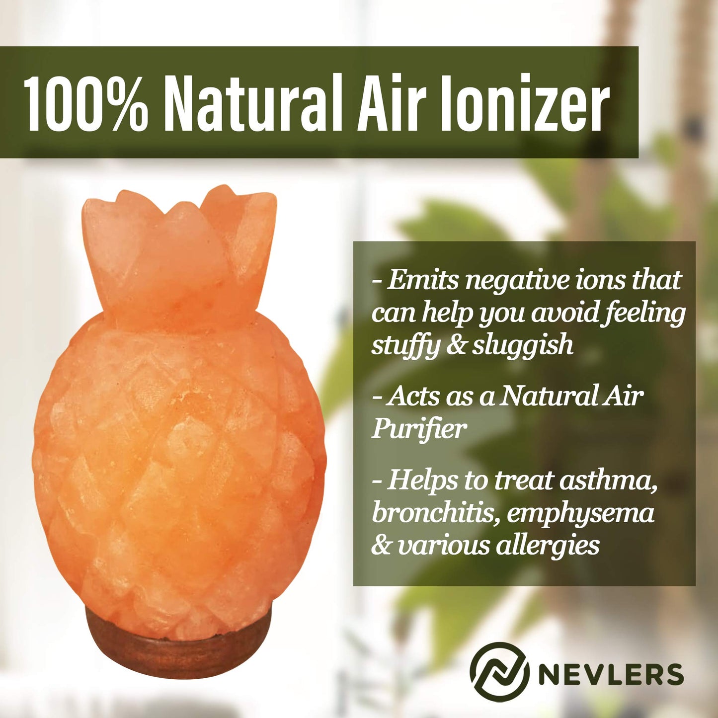 Nevlers Himalayan Pink Salt Lamp, Pineapple Shape, 7-8 lbs, 7in-8in Tall, Dimmer Cord, Wood Base, Ambient Decor, Model NDPINAPP36
