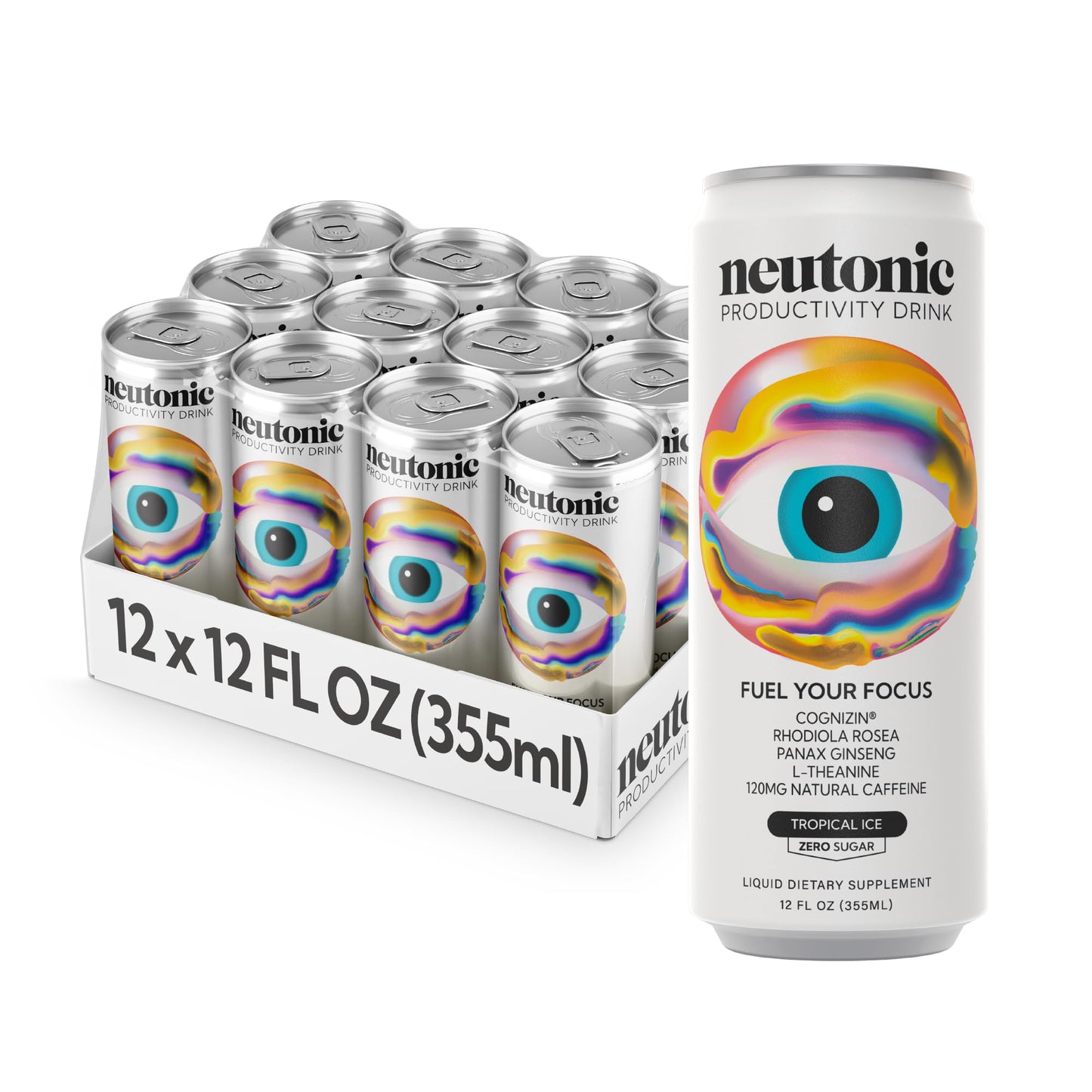Neutonic Nootropic Energy Drink | Tropical Ice | 12 Cans | 120mg Caffeine, Zero Sugar | Boosts Focus & Memory