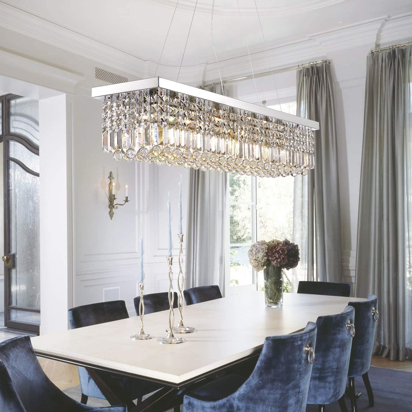 7Pm Modern Rectangle K9 Crystal Chandelier Pendant Light Fixture, Chrome, 31.5X10X10, Ideal For Dining Room & Kitchen Island