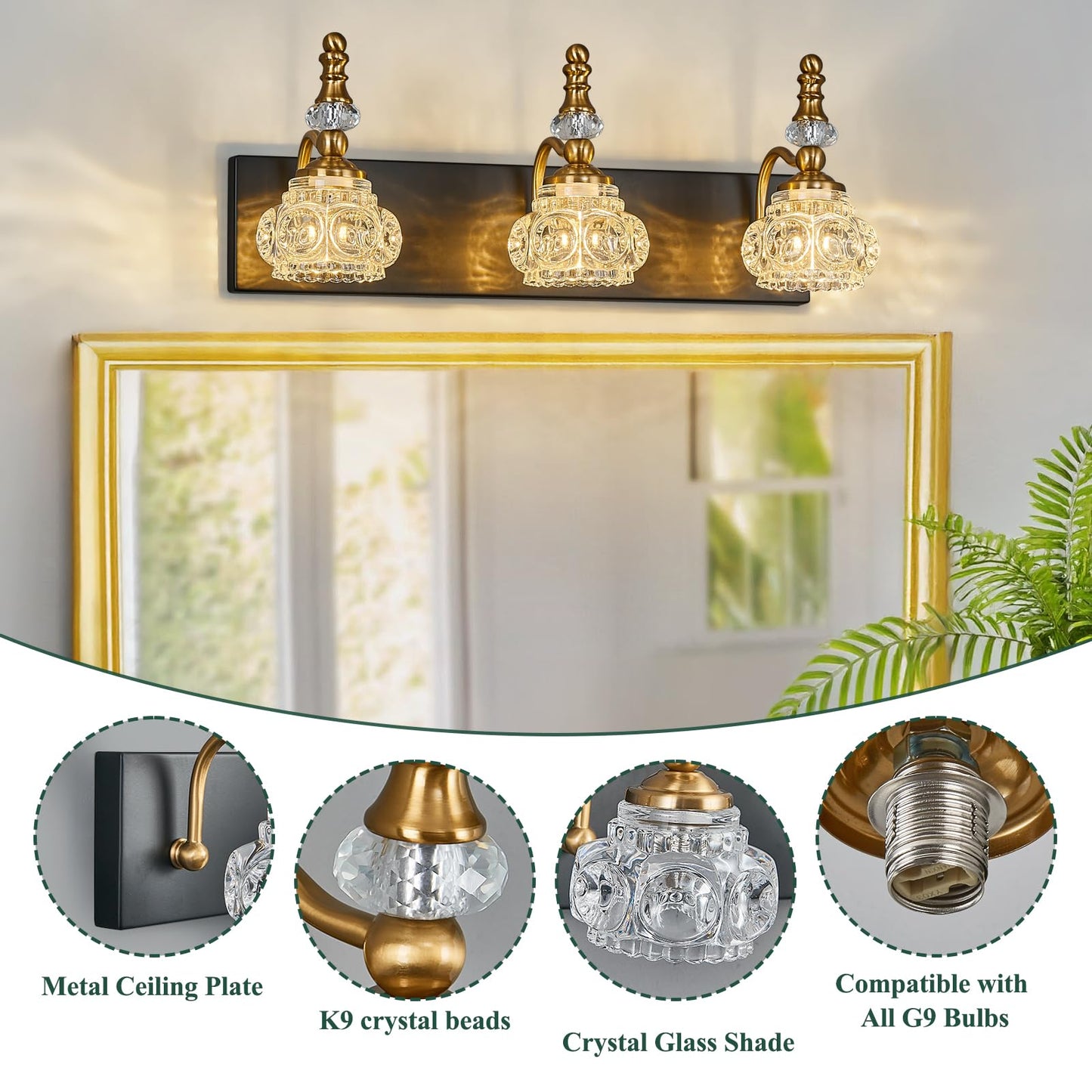 Lbsqj Bathroom Light Fixtures  Modern Glass Crystal Vanity Light Vintage Bathroom Lighting Fixtures Over Mirror 3 Light Vanity Lights G9 Bulb (19.68 Inch  Black Gold)
