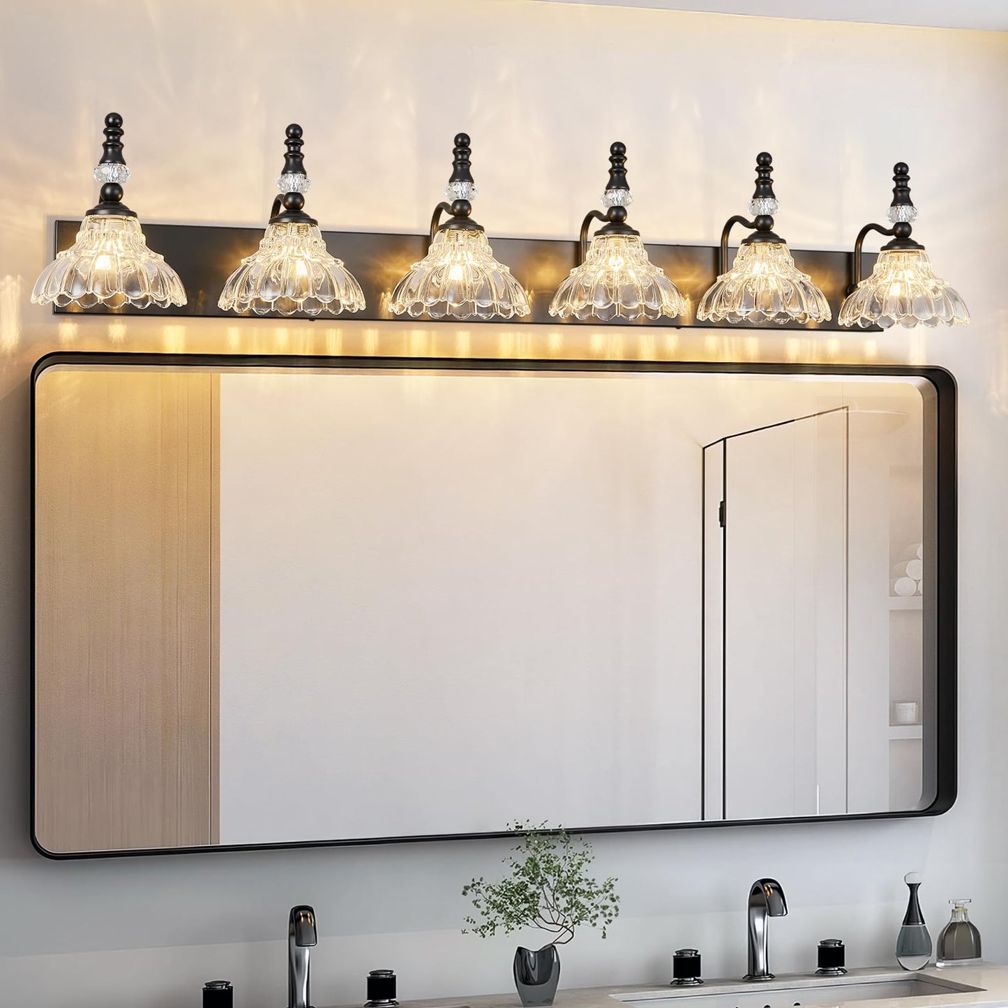 Lbsqj Vintage Bathroom Vanity Light  6-Light Black Vanity Lighting Fixture With Flower Glass Shade  Bathroom Lighting Fixtures Over Mirror
