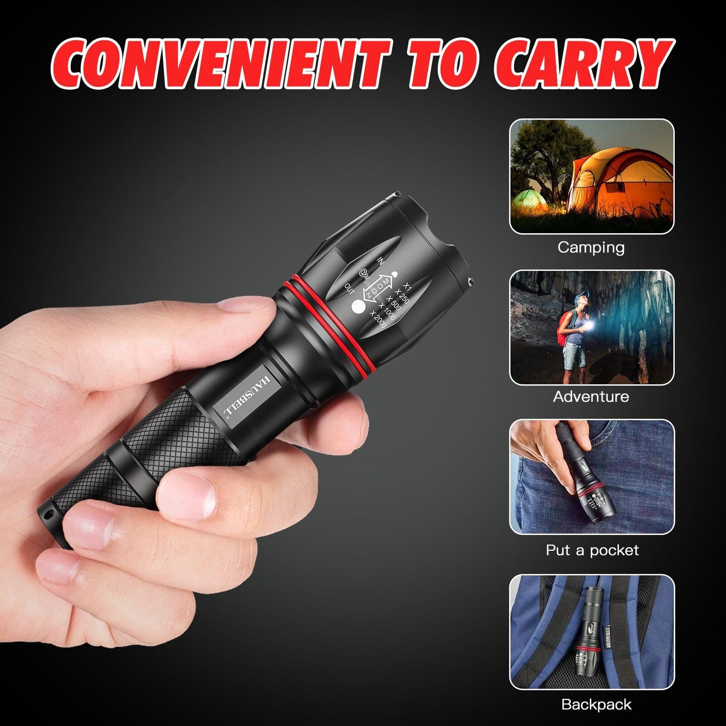 HAUSBELL LED A100 Flashlight Pack - 4 Zoomable Tactical Flashlights, High Lumens, Black, Aluminum, Emergency & Outdoor Use