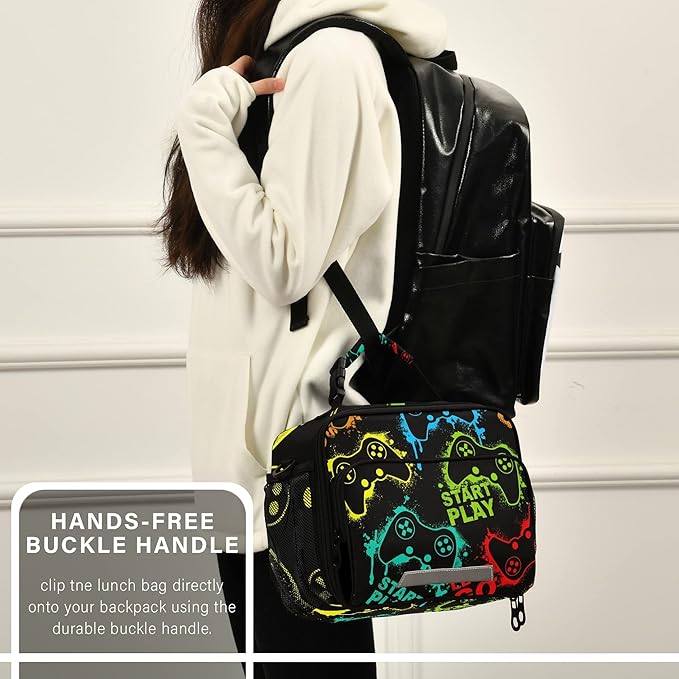 Video Game Pattern Lunch Bag Insulated Lunch Boxes Cooler Cooling Tote Food Container for Adults Men Women