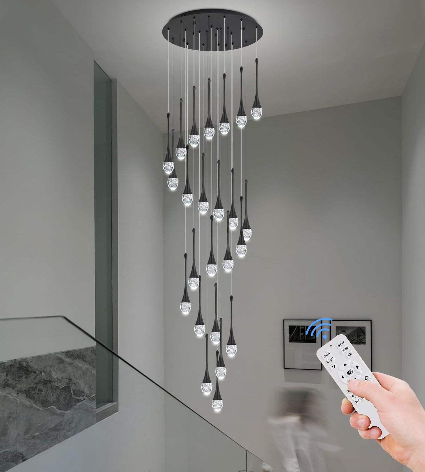 Upfelw Modern Crystal Staircase Chandelier Polished Black 24-Lights  H138 Large High Ceiling Spiral Dimmable Led Raindrop Foyer Entryway Light Fixture Remote Control