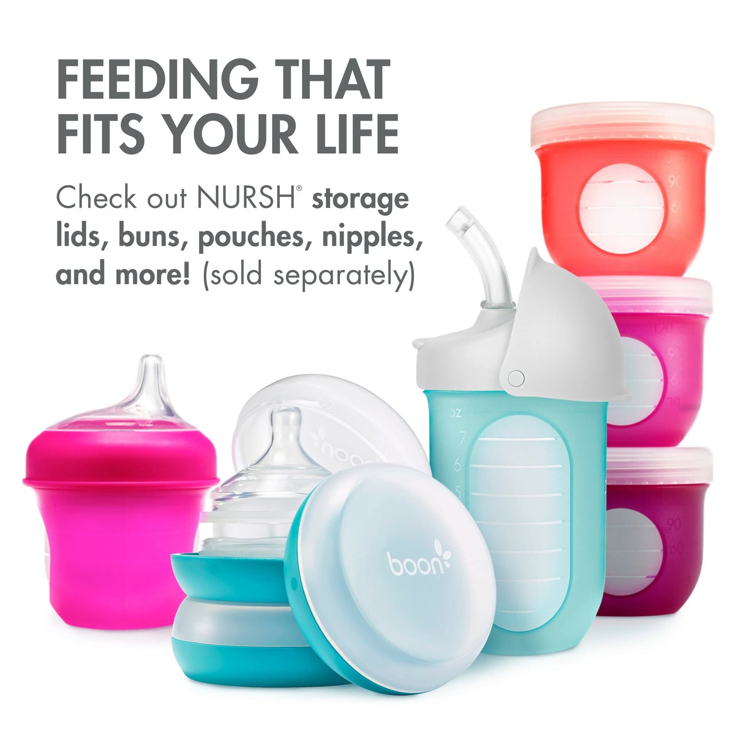 Boon Nursh Reusable Silicone Pouch Baby Bottles - Medium Flow Nipple - Silicone Baby Bottle Pouch and Nipple - Baby Feeding Essentials - Gray - 3-6 Months - 3 Count - 8 Ounce