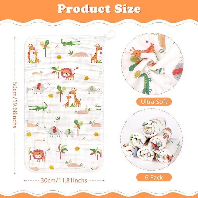 Baby Burp Cloths Muslin Washcloths 6 Pack Muslin Burp Cloths 100% Cotton Large 20''x12'' Soft 6 Layers Baby Burp Rags for Boys Girls Baby Essentials for Newborn Gift Machine Washable