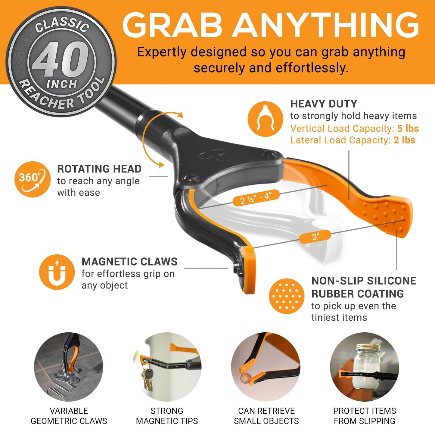 EZPIK Classic 40” Folding Grabber Reacher Tool with Dual Magnets, Heavy Duty Trash Picker Upper Grabber for Seniors & Disabled Users, Aluminum Pickup Tool for Everyday Reaching Aids (Black)