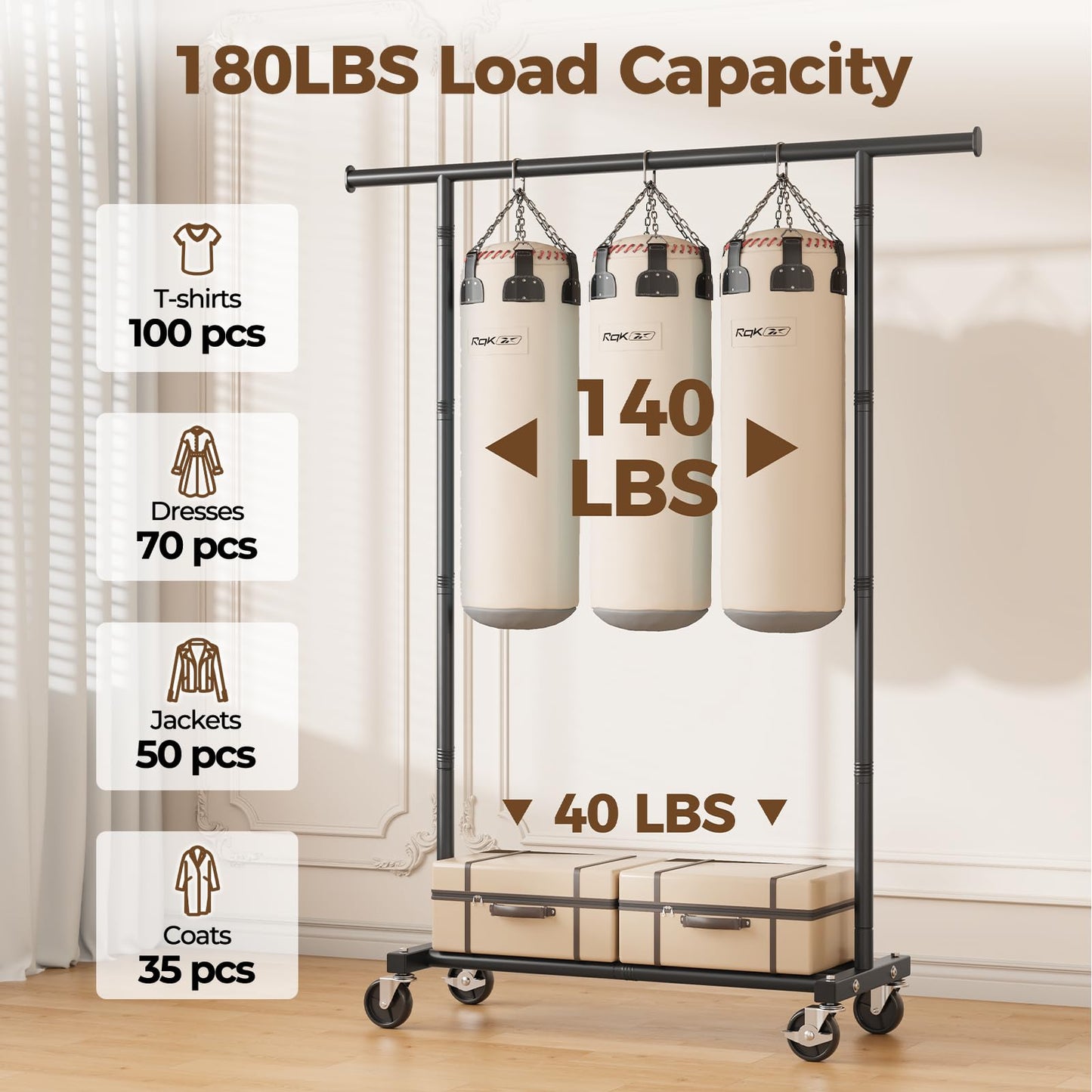 HYSEYY Clothes Rack, Clothing Rack for Hanging Clothes, Rolling Garment Rack Sturdy Coat Rack Portable Wardrobe Rack Metal Closet Rack for Bedroom Laundry Living Room, Black