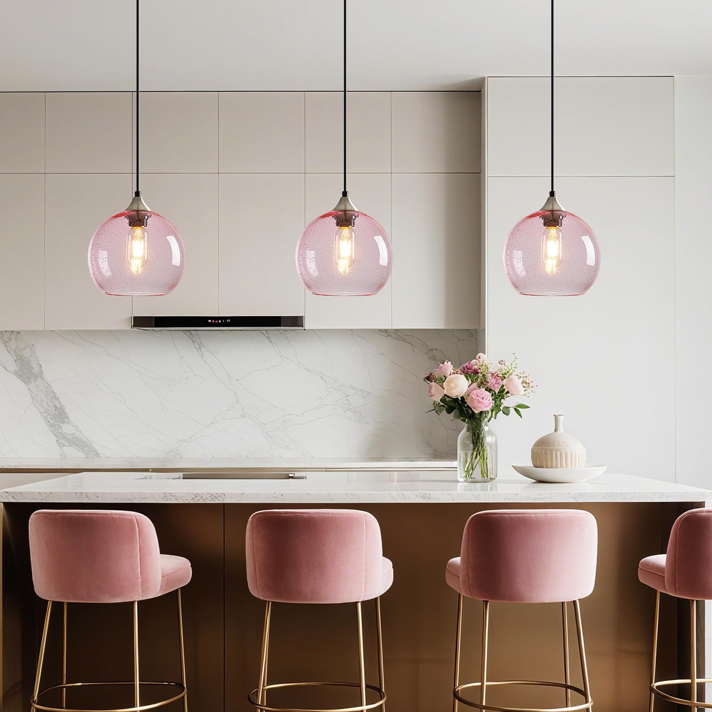 Lbsqj Pink Glass Pendant Lights Kitchen Island Lighting Globe Pendant Light Fixtures Modern Pendant Lighting For Bedroom Living Dining Room Light Fixture (7.87 In  3 Pack)