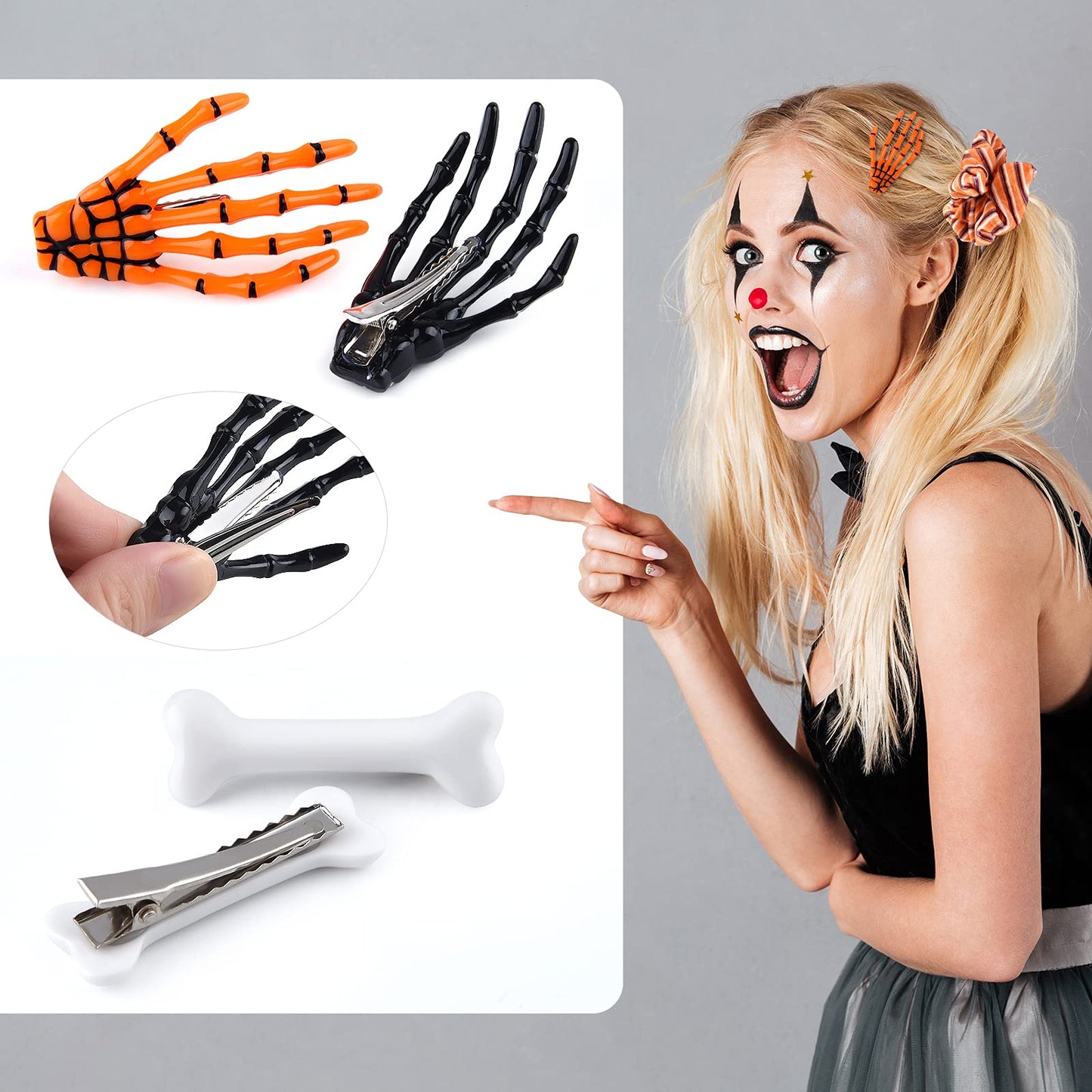 ASTARON 12 Pcs Skeleton Hands Bone Hair Clips and Elastic Hair Ties Bands - Horror Hair Clip for Women Girls ' Halloween Dress U