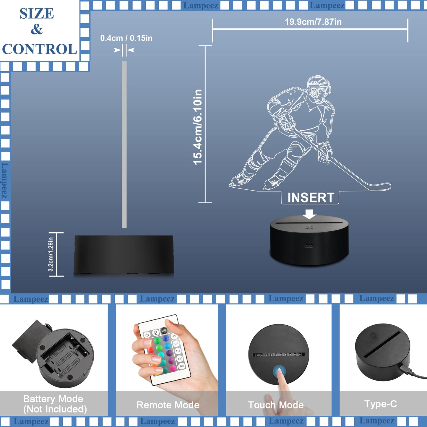 Lampeez 3D Ice Hockey Player Night Light - Multicolored Acrylic With Remote Control, Model Fs-2810-9999, Perfect Gift For Kids