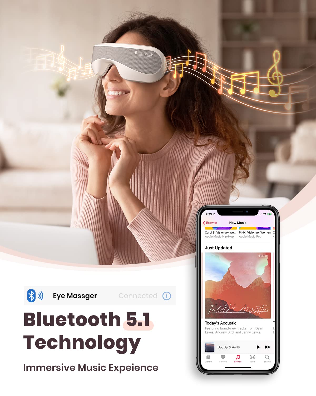 latumab Eye Massager with Heat, Bluetooth Music Heated Massager for Migraines, Relax and Reduce Dark Circles Eye Bags Improve Sleep, Ideal Gifts for Women/Men