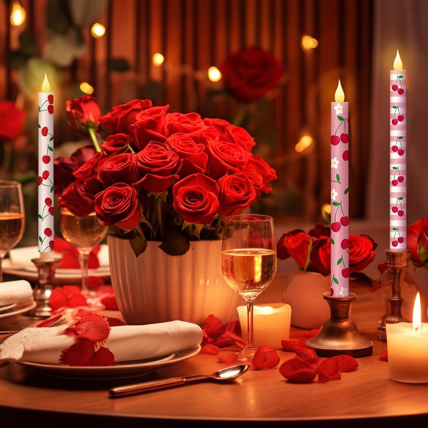 Honoson 6 Pcs Galentines Day Decorations Candles Cherry Flameless Taper Candles 10.6 Inch Battery Operated LED Candlesticks for Ladies Women Friend Sister Galentines Day Party Favors Gifts Home Decor