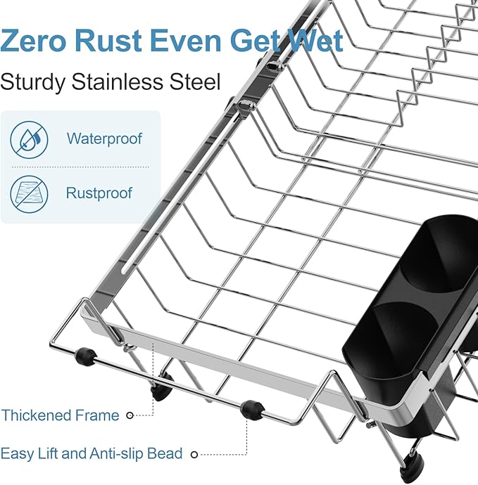GSlife Stainless Steel Dish Drying Rack - Capacity Expandable in Sink Dish Drainer with Silicone Mat, Over Sink Dish Rack with Utensil Holder for Kitchen Counter, 10.8"-17.9" L x 12.8" W, Silver