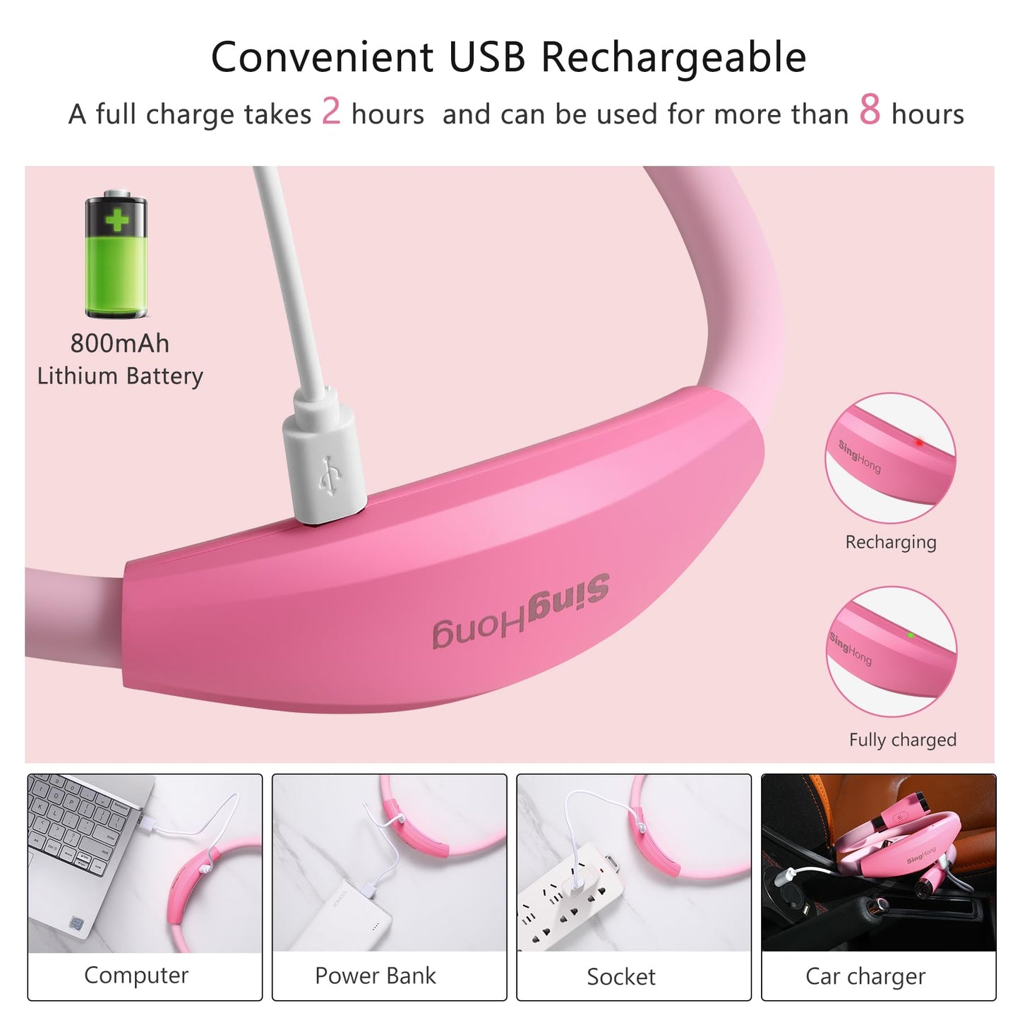 Singhong Neck Book Light - Led Reading Lamp, Usb Rechargeable, 4 Adjustable Brightness, Small, Pink (Model Shnbl-P3)