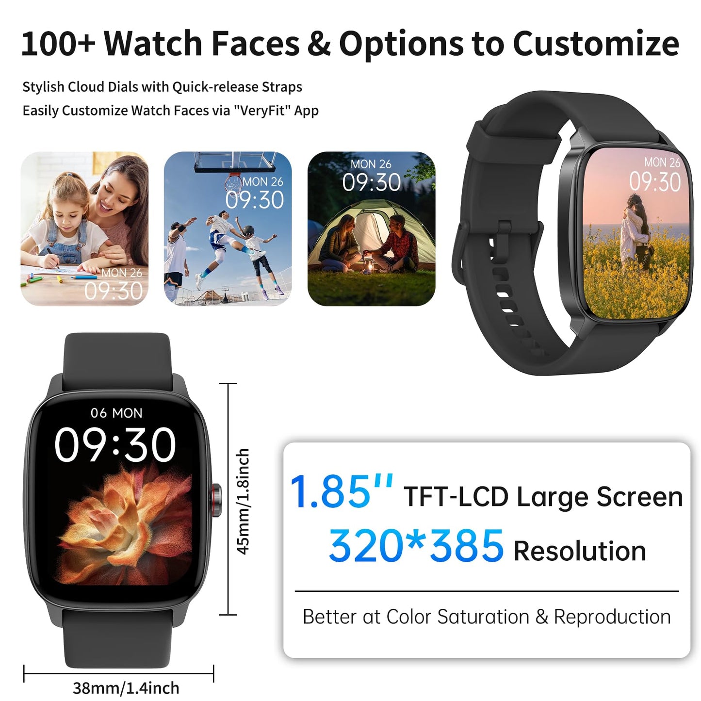 YMZ Smart Watch for Men Women, IP68 Waterproof, Bluetooth Calling, Fitness Tracker, Sleep Monitoring, 1.85'' DIY Dial, AI Built-in, 7 Days Battery, Compatible with Android & iOS