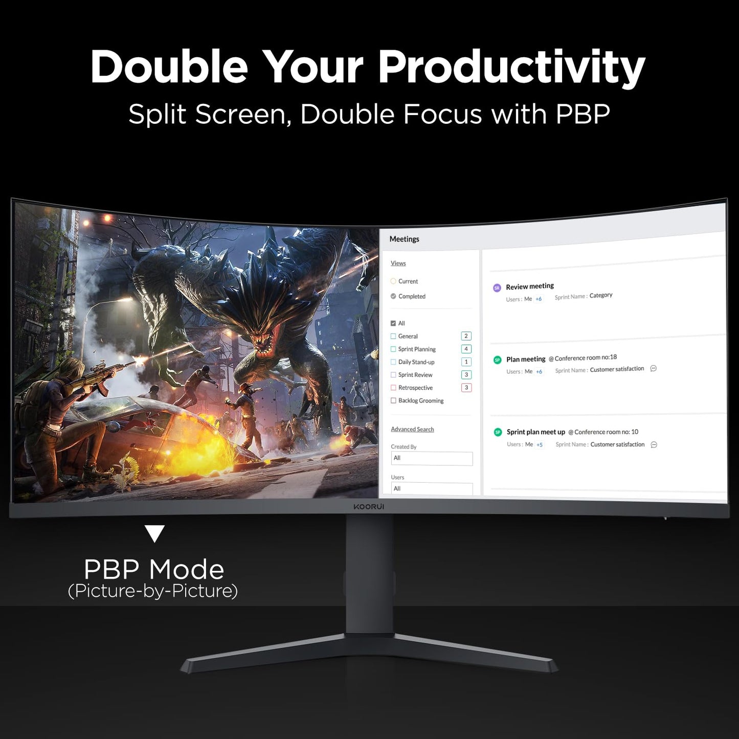 KOORUI 34-inch Ultrawide Curved WQHD 3440×1440 Gaming Monitor, 165Hz 144Hz Curved 1000R- PIP/PBP, 1ms(MPRT) with DisplayHDR 400, FreeSync Premium, 75 * 75mm VESA, HDMI/DisplayPort, 34E6UC