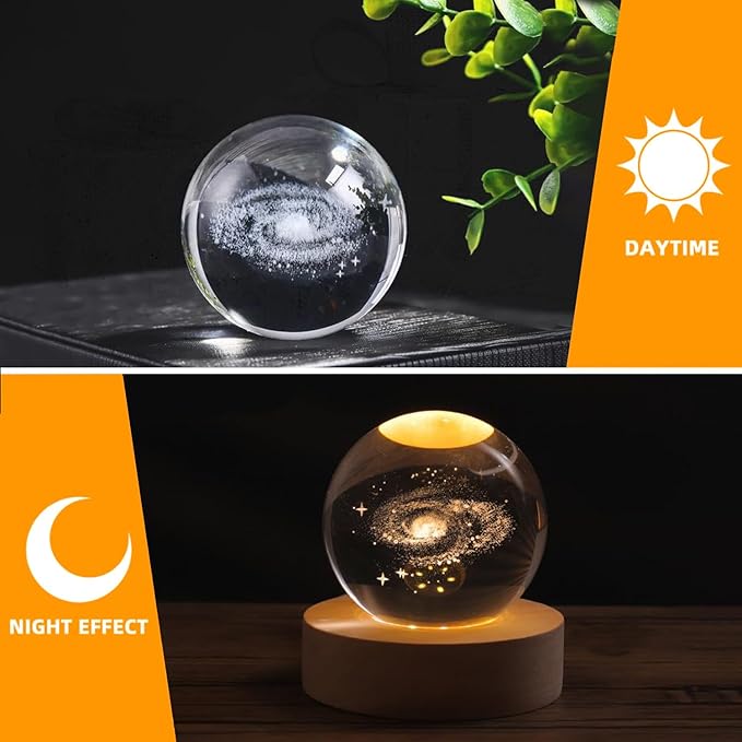 Glowing Crystal Ball Roses 3D Inner Carved Small Crystal Ball Light with Wood Base, Decorative Creative Gift Luminous for Christmas Classmates and Kids Birthday