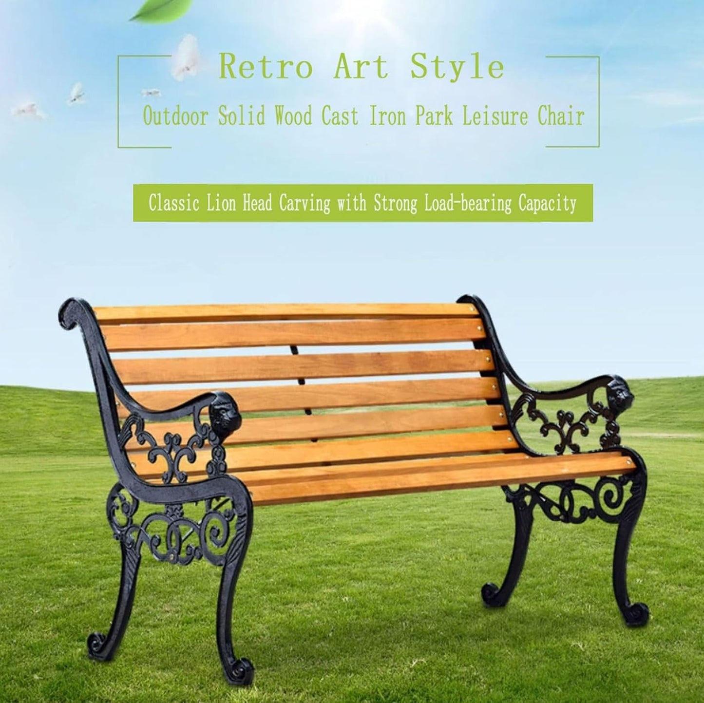 Outdoor Park Garden Bench with Cover, 2-3 Person Wood Patio Bench with Backrest+Armrests Weatherproof, Patio Porch Furniture Cast Iron Frame Bench for Lawn Porch Backyard(Brown+Black)