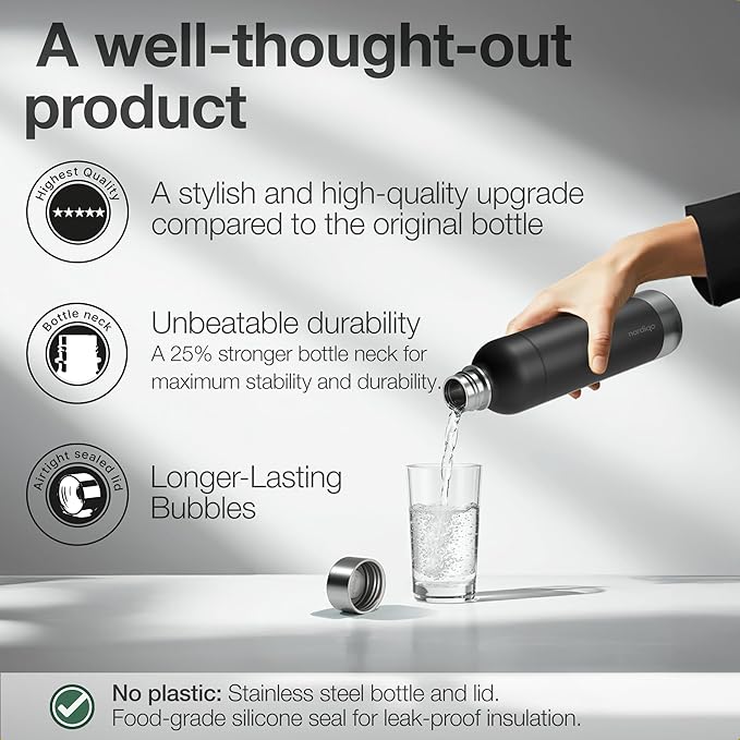 Stainless Steel Carbonating Bottle 33 oz | Compatible with Aarke Carbonator 3, Sodastream (Excl. model Aqua Fizz + Jet) and many others| Dishwasher Safe, No Expiration Date, BPA-Free