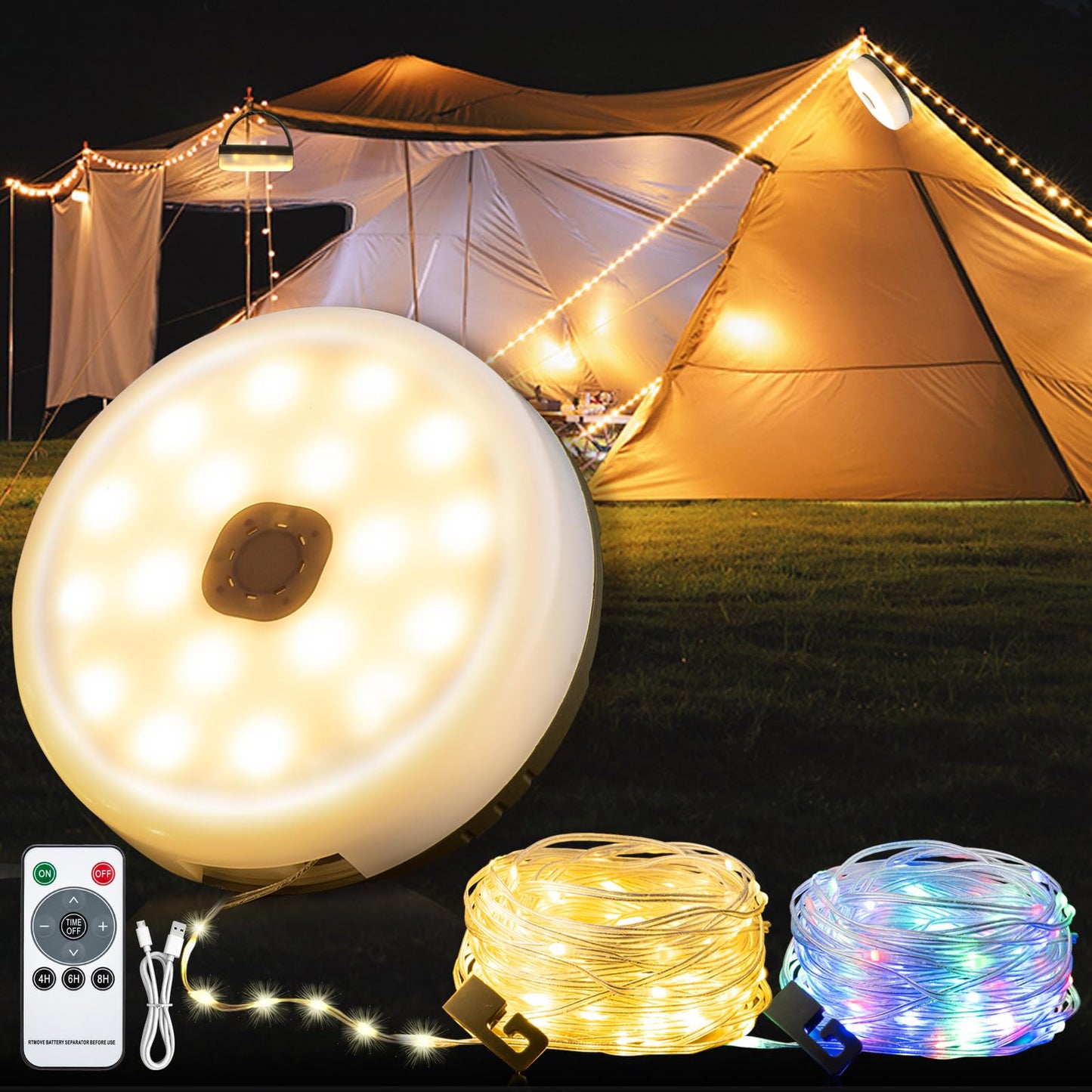 Sutaig Camping Lantern String Lights with Remote Control, 32.8Ft, Waterproof, Type-C Fast Charging, Model WCCX-SSDC-RGB