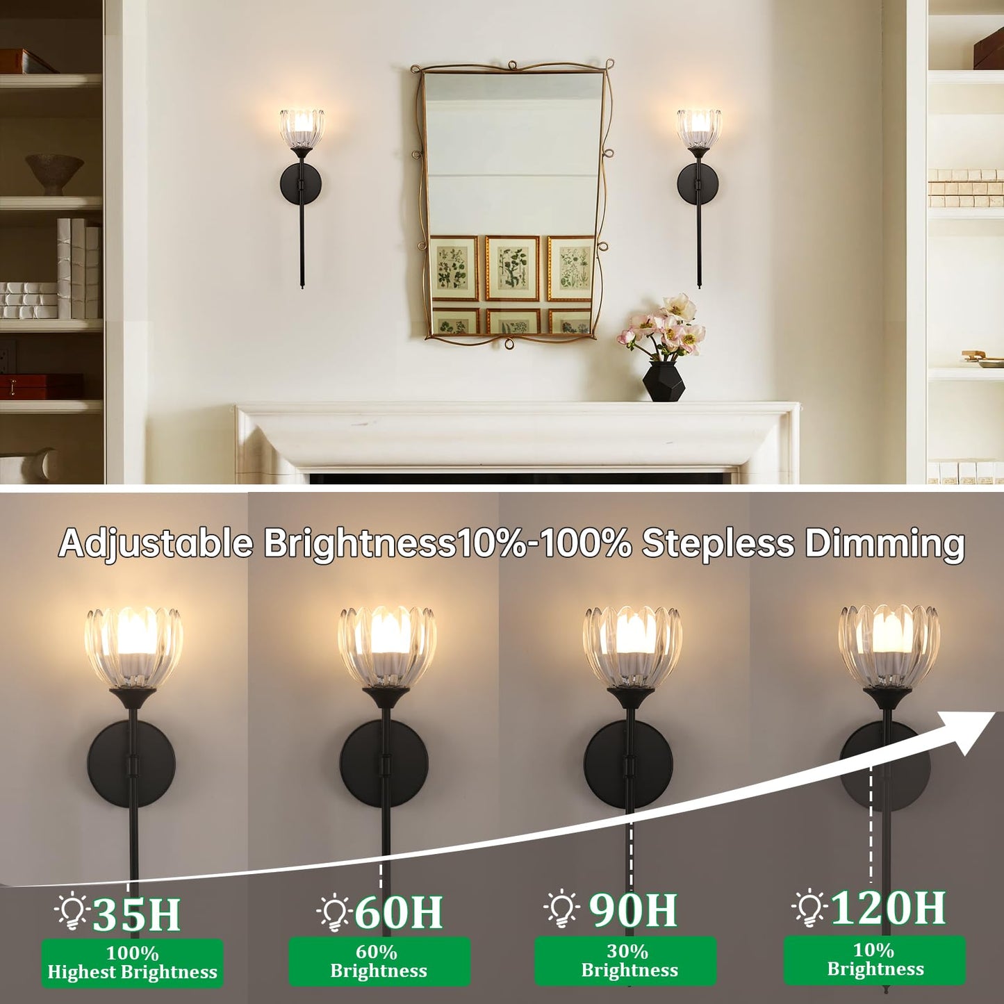 Shenmoyl Battery Operated Wall Sconce Set Of 2  Clear Tulip Vintage Wall Light Fixture Rechargeable 5000Mah Battery Powered Wall Lamp With Remote For Living Room Bathroom  Black