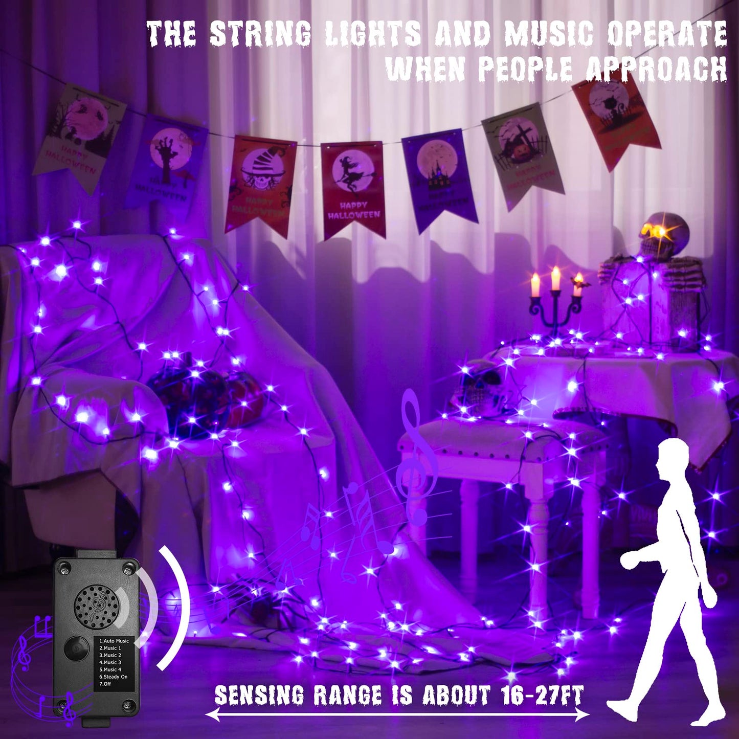 PEIDUO Purple String Lights, 82 FT 200 LED, Motion Sensor, Twinkle Fairy Lights for Halloween Indoor/Outdoor Decor