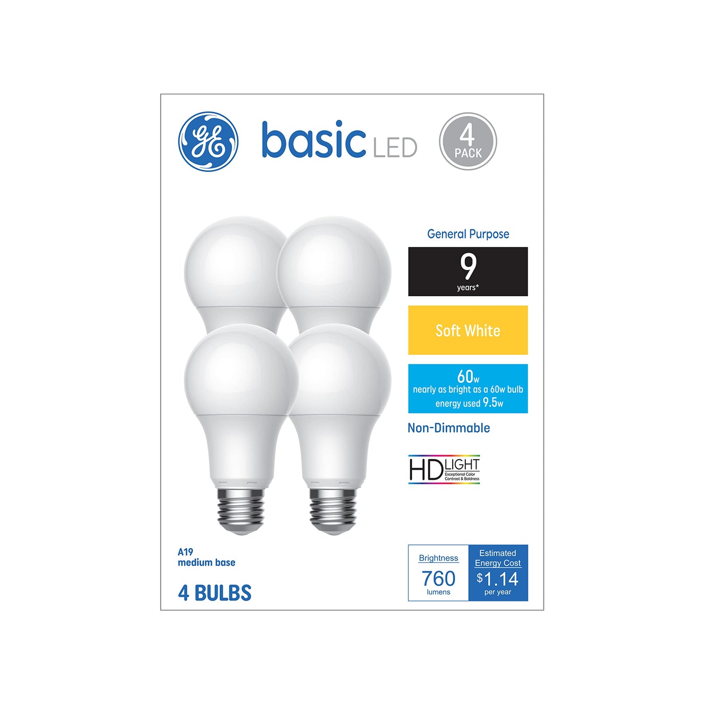 GE Basic Light Bulbs, 60 Watt, Soft White, A19 (4 Pack)