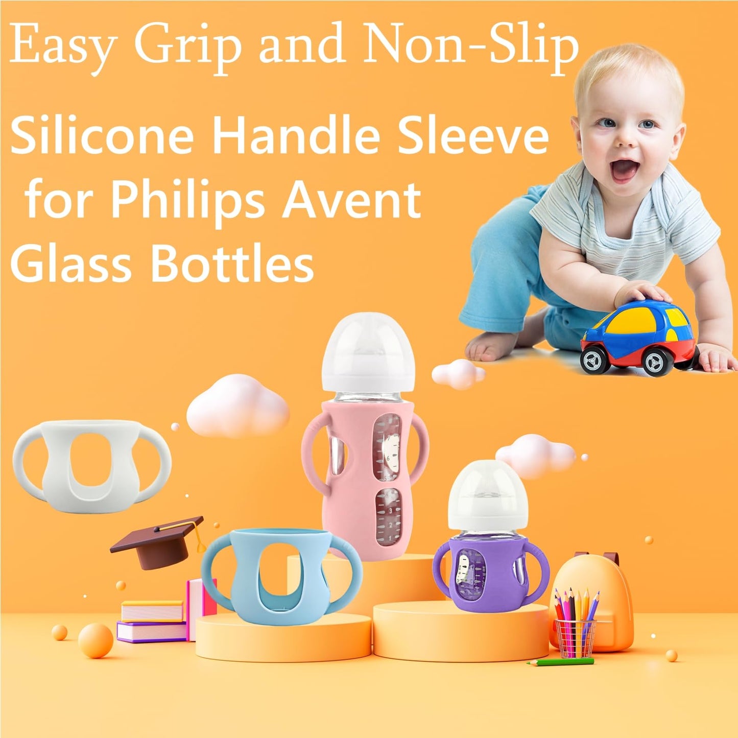 Frezonika 4 Pack Silicone Sleeves for Avent Natural Glass Baby Bottles, Silicone and Easy-Grip Handles for Drop Protection, Compatible with Philips Avent 4/8 OZ Glass Bottle (Light Blue, 8 OZ)