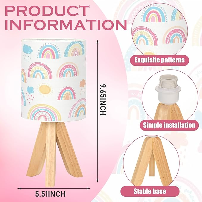 VIHOSE Rainbow Kids Tripod Table Lamp for Bedroom Kids Bedside Lamp with Linen Wooden Nightstand Cartoon Nursery Lampshade for Girls Boys Living Room