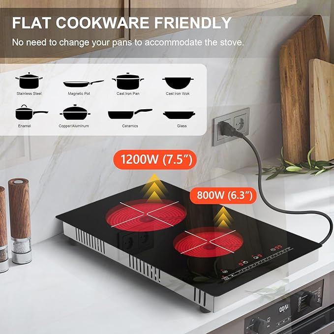 Alemania 12 Inch Electric Cooktop 120V, Dual Burner 2000W Radiant Ceramic Stove, Drop-in & Countertop Plug-in Cook Top with Timer, 9 Power Levels & Touch Controls