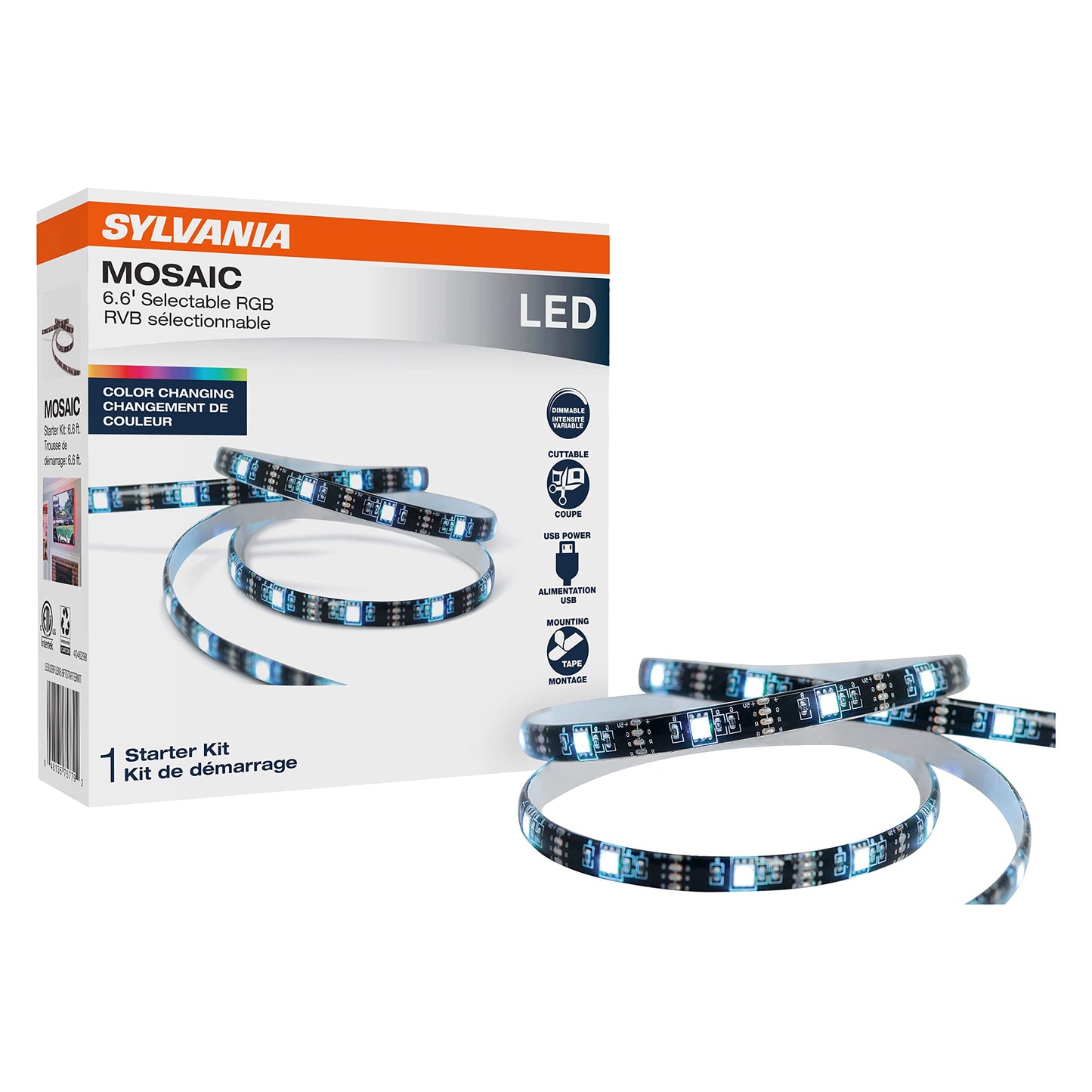 LEDVANCE SYLVANIA 6.6ft RGB USB Light Strip Kit with RF Remote, 16 Colors, Indoor, Black, Model 75779