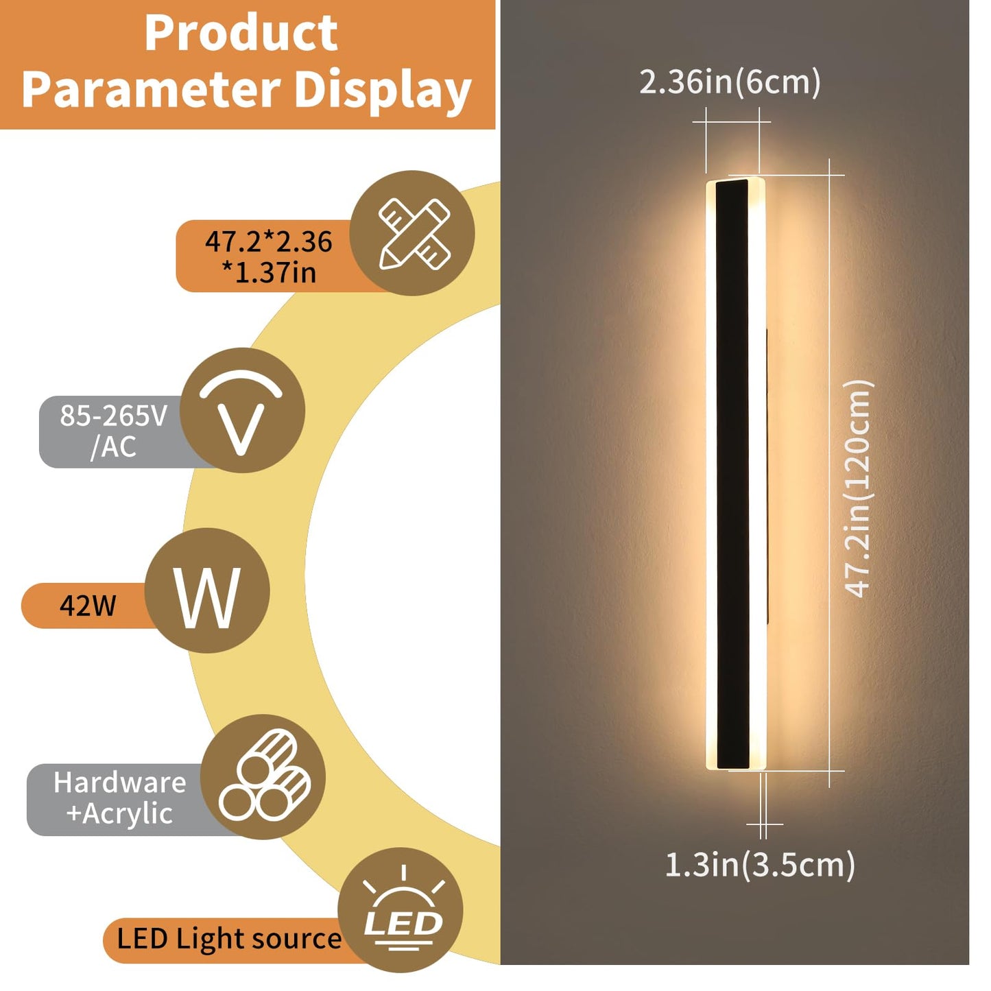 Daoseolo 47-inch Outdoor Wall Sconces, Dimmable 3000K-6000K, IP65 Waterproof, Iron, Model TC-FTBD-1112