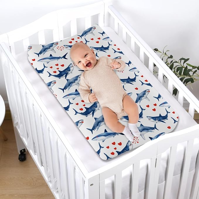 Sea Shark Love Changing Pad Cover Marine Ocean Animal Shark Hearts Baby Nursery Diaper Changing Pad Sheets for Boys Girls Soft Stretch Fitted Changing Table Mat Cover 32''x16''