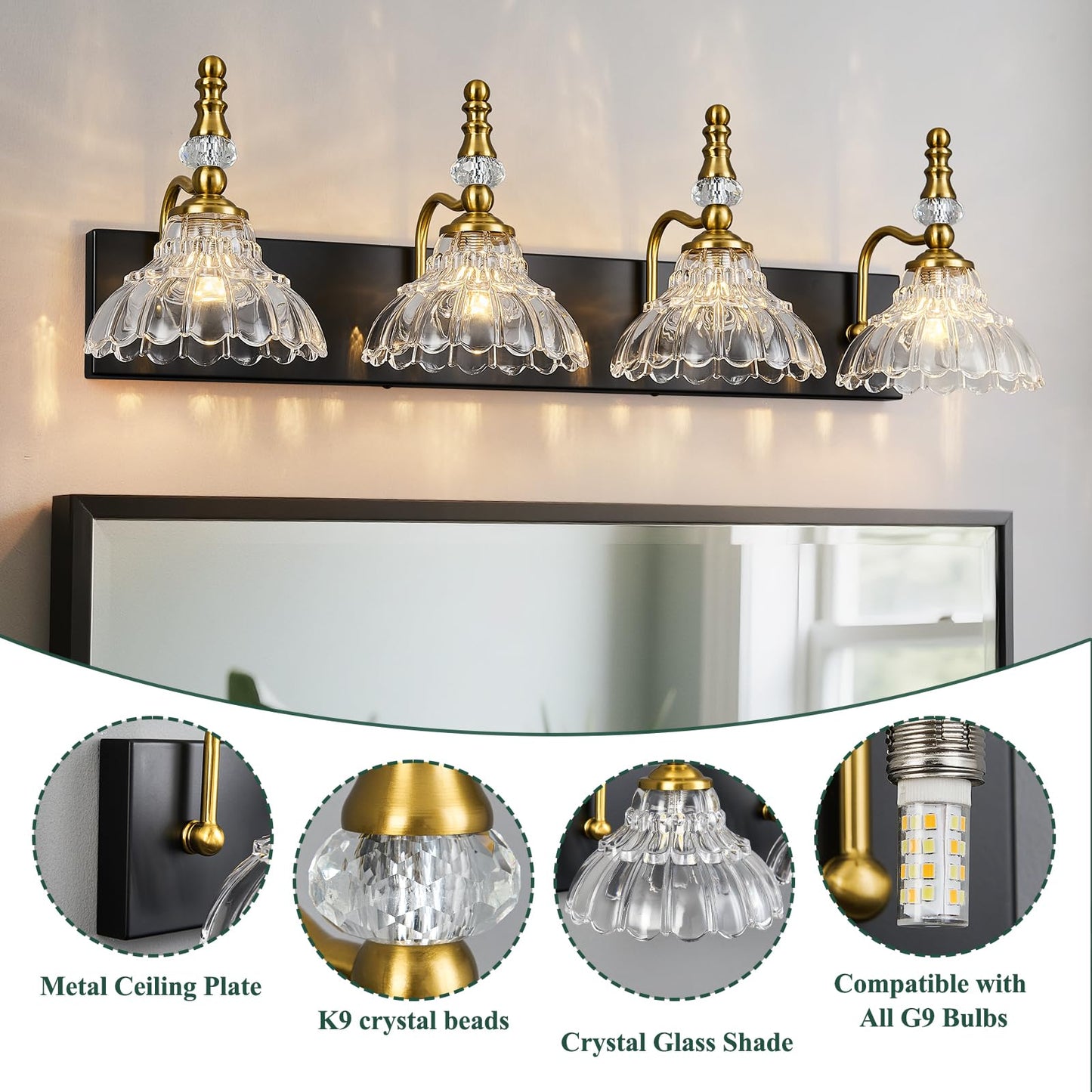 Lbsqj Vintage Bathroom Vanity Light  4-Light Black Gold Vanity Lighting Fixture With Flower Glass Shade  Bathroom Lighting Fixtures Over Mirror