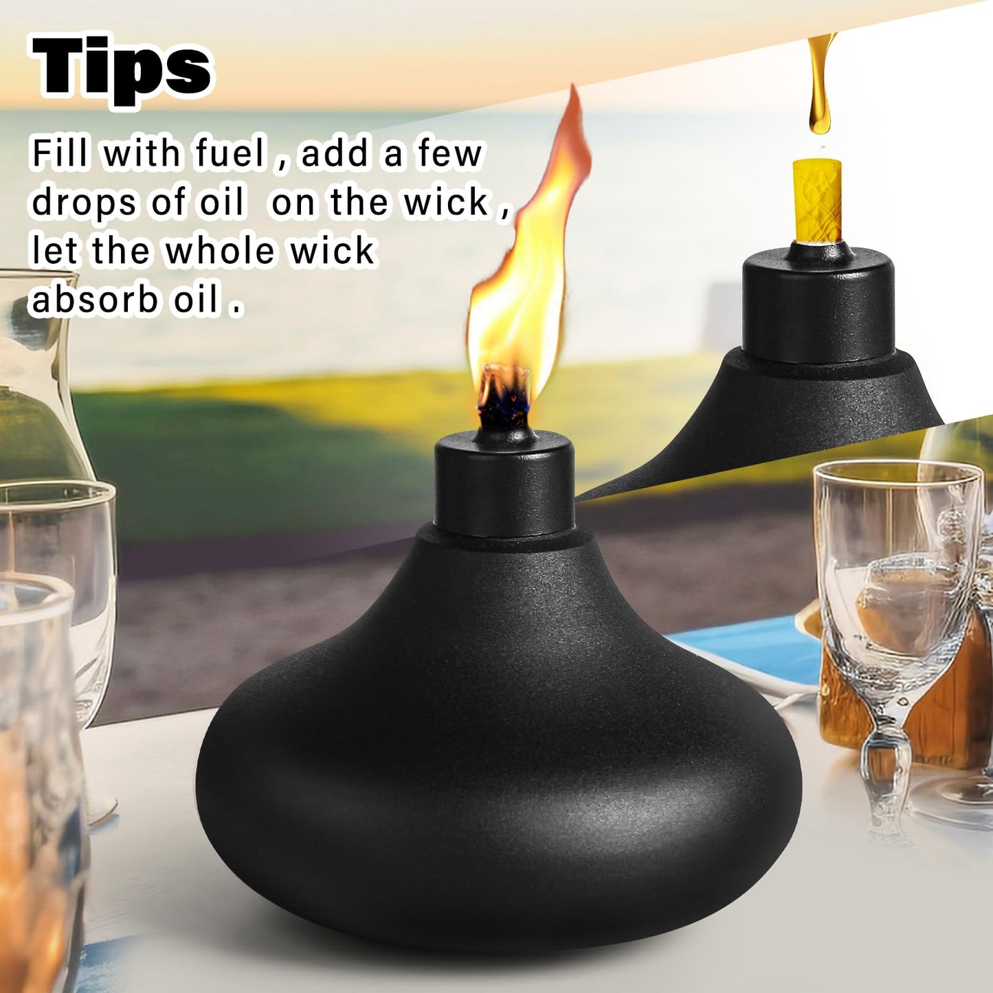 FAN-Torches 8 Pack Metal Table Top Torches, Refillable Citronella Light, Black, Model JYW-ZM-08