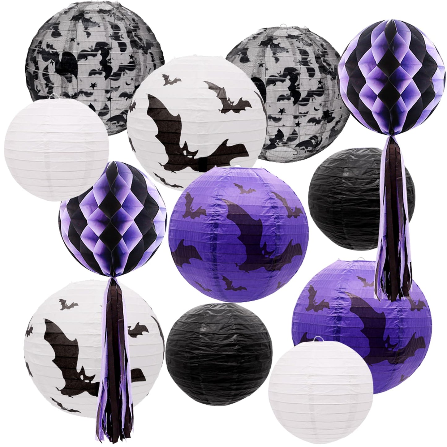 Uniqooo 12Pcs Spooky Halloween Decor Black White Purple Hanging Paper Lanterns Set With Decorative Bats & Honeycomb Pom Pom Tassels For Indoor/Outdoor Holiday Home Garden Decor Party  12 In & 8 In