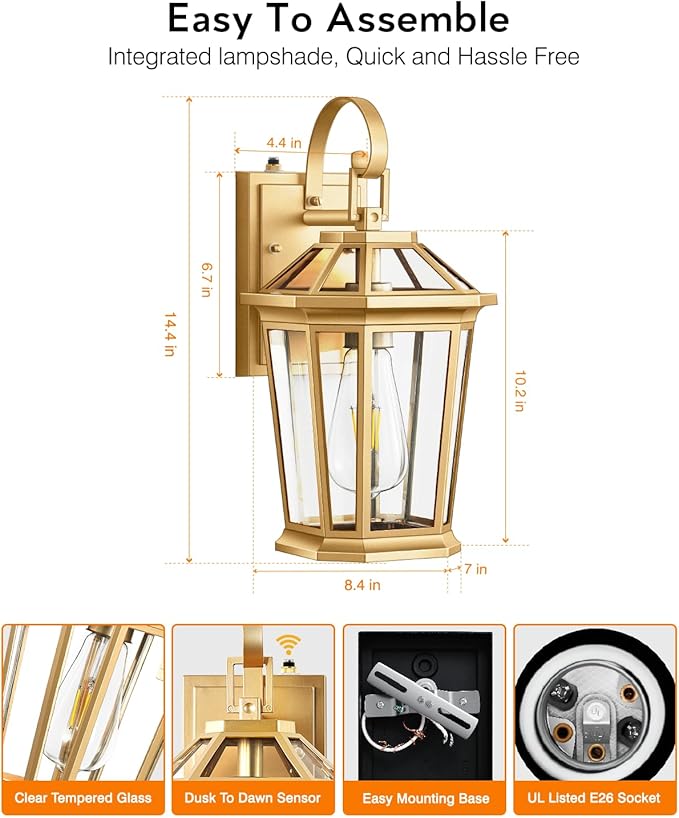 VIANIS Outdoor Porch Lights Wall Mount, Dusk to Dawn Exterior Light Fixture for House, 100% Anti-Rust Aluminum Waterproof Porch Light Outside Wall Lights, Gold Wall Sconce Lanterns for Garage