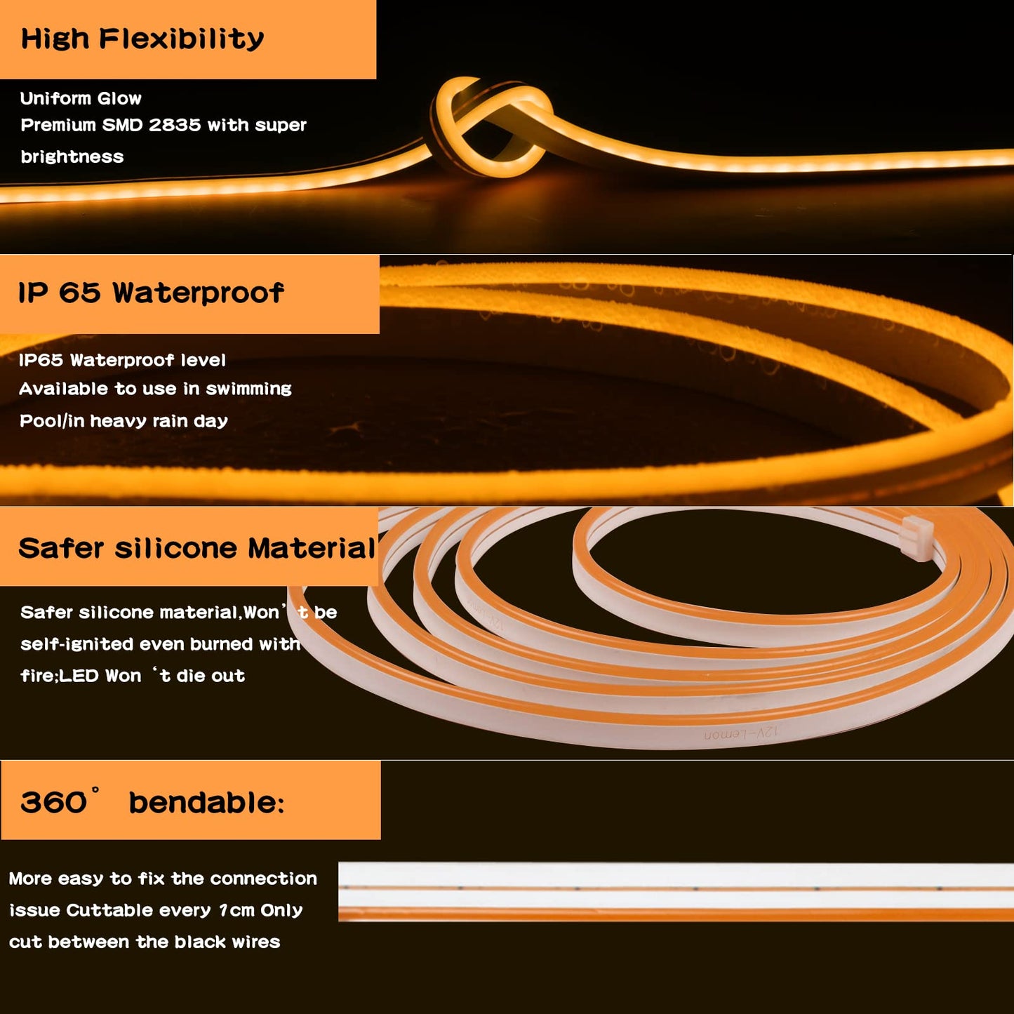 Meijiajia LED Neon Strip Lights, 16.5ft Orange Polycarbonate, Flexible & Waterproof, Cuttable Mood Lighting