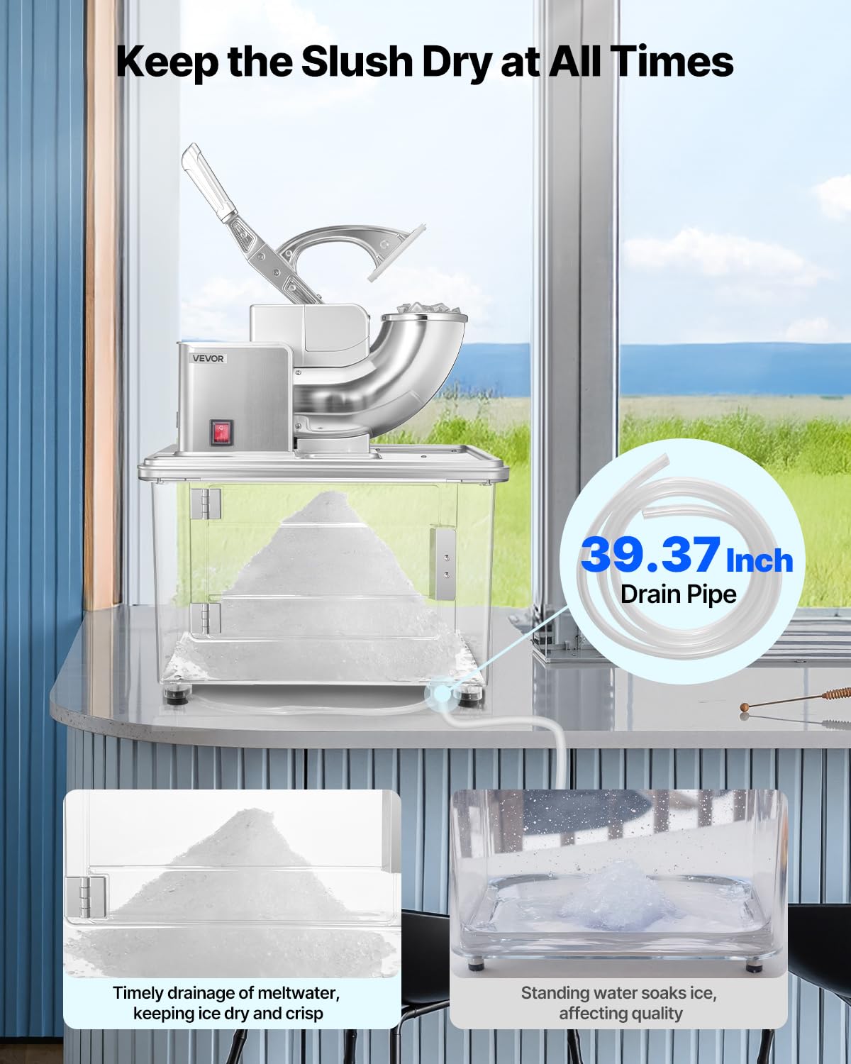 VEVOR Commercial Ice Crusher 661LBS/H, 350W Electric Snow Cone Machine with 4 Blades, 2000RPM Stainless Steel Shaved Ice Machine with 11 Gal Crushed-Ice Box, for Family Restaurants Bars, Silver