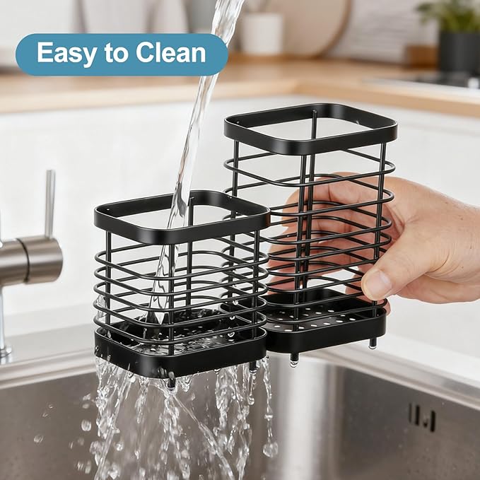 Utensil Holder, Stainless Steel Utensil Drying Rack for Kitchen Counter, Silverware Cutlery Flatware Holder Forks, Knives, Spoons, Chopsticks Organizer (Black, Tall & Short)