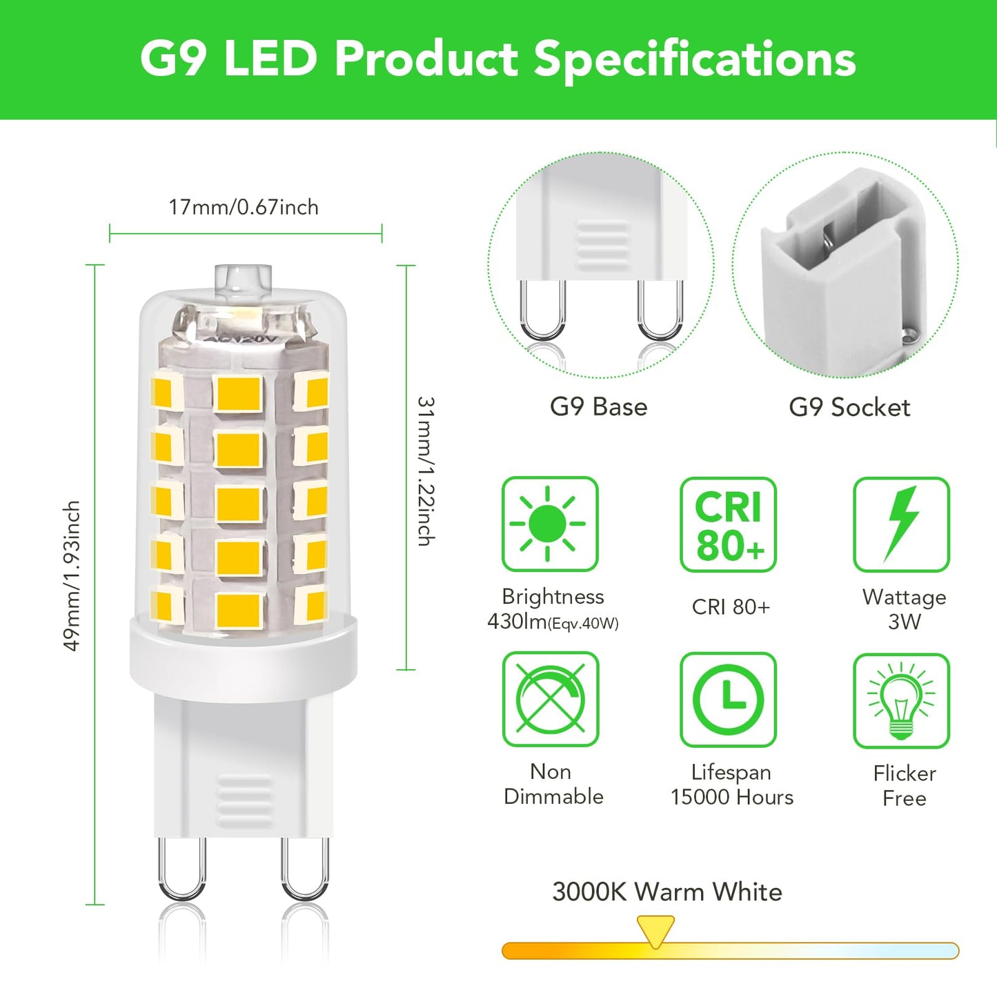 Bubo G9 Led Bulb 3000K Warm White 430 Lumens  3W Equivalent 40W T4 G9 Halogen Replacement  360Beam Angle 120V Non-Dimmable No-Flicker G9 Light Bulbs For Crystal Chandelier Lighting  20 Pack
