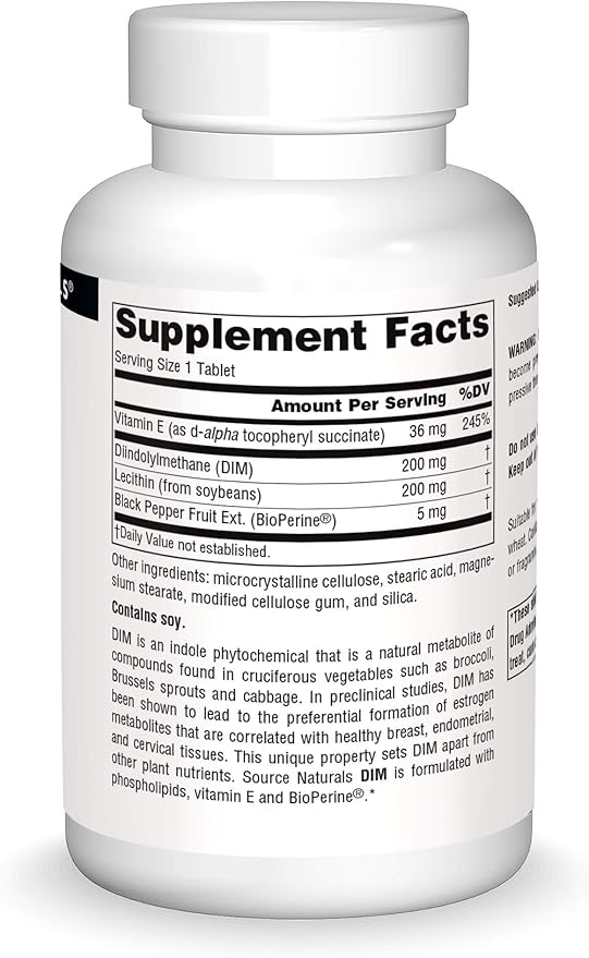Source Naturals DIM, Diindolylmethane 200mg with BioPerine, Vitamin E & More - 120 Tablets