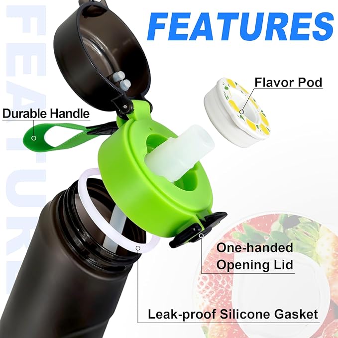 Air Water Bottle with Flavor Pods, 25 OZ Tritan Sports Water Bottle with Straw, Scented Water Bottle with Handle (Black Green+8 Flavor Pods)