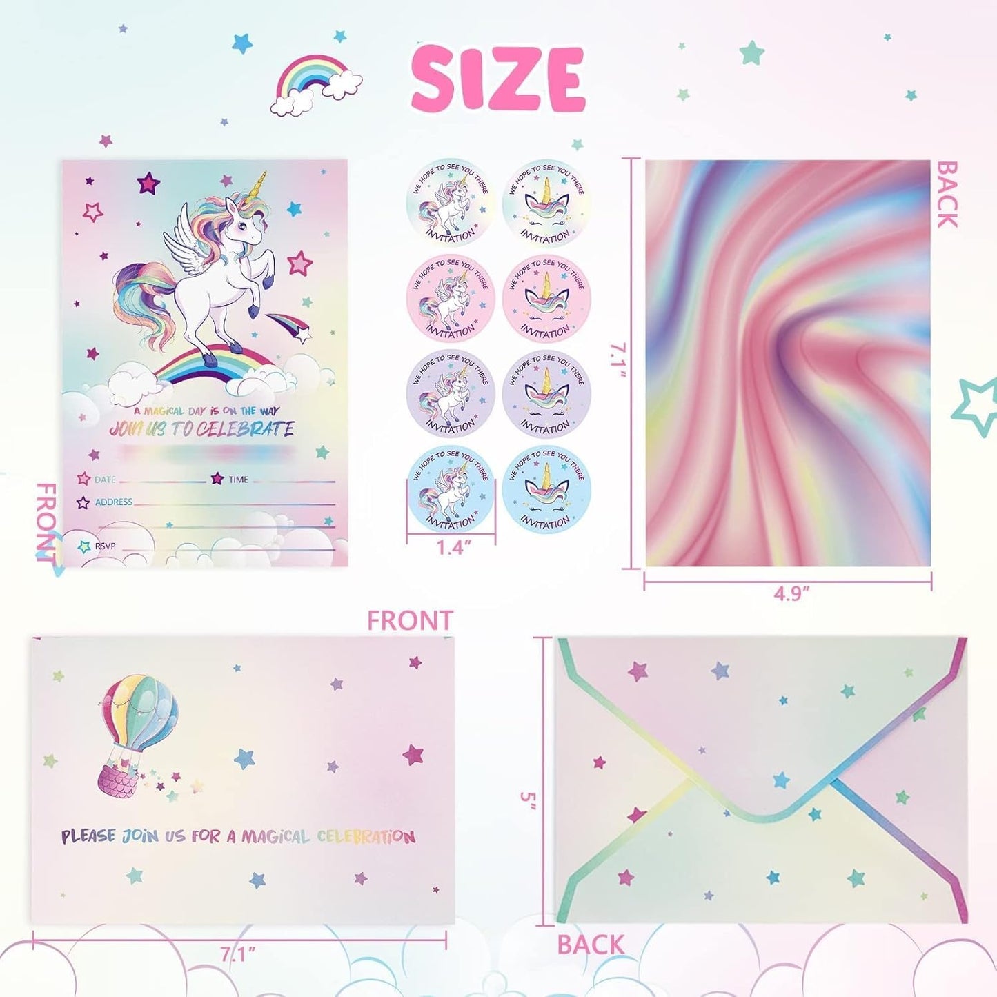WERNNSAI 24PCS Unicorn Birthday Invitation - Rainbow Unicorn Party Supplies Fill-in lInvitations with Envelopes for Girls Birthday Baby Shower Double-sided Printed Invite Cards