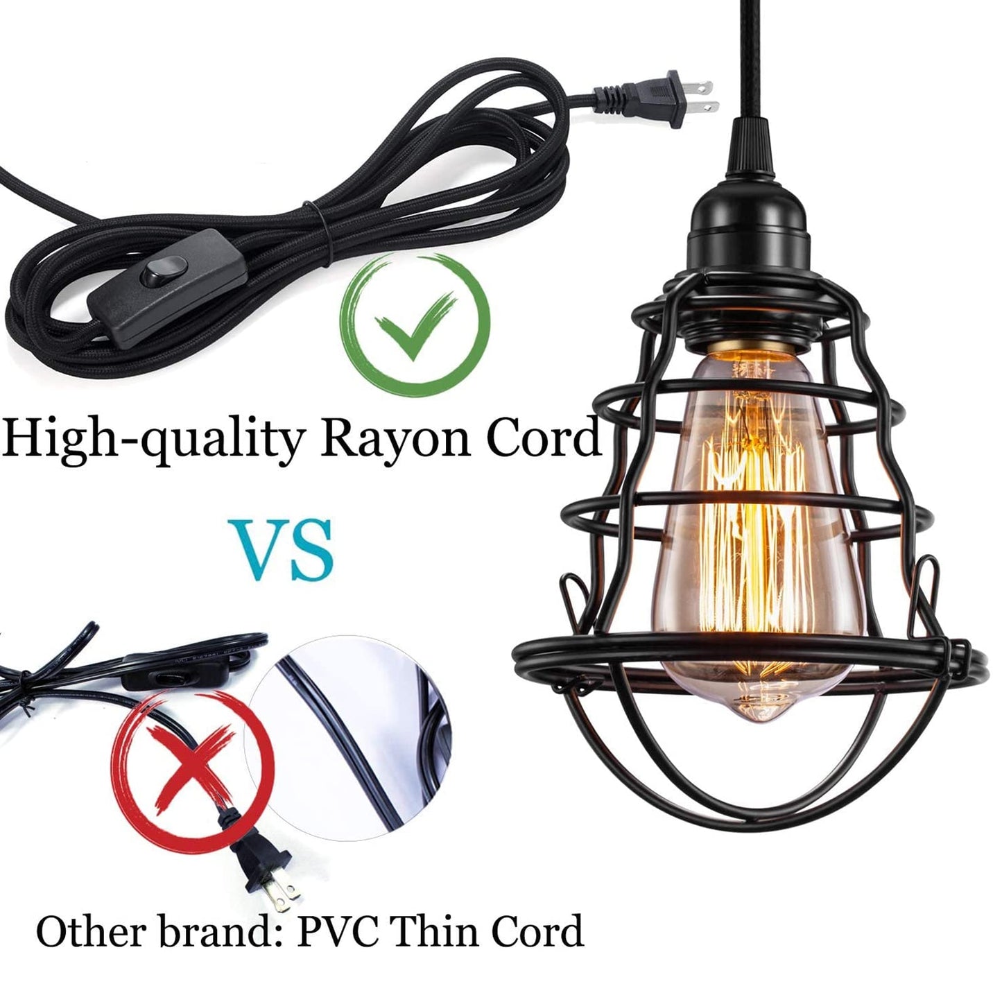 Asnxcju Industrial Plug-In Pendant Light, Vintage Cage Design, Metal, Black, E26/E27, 2 Pack