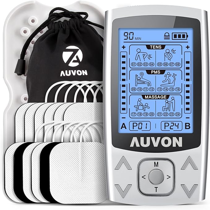 AUVON Dual Channel TENS EMS Unit 24 Modes Muscle Stimulator for Pain Relief, Rechargeable TENS Machine Massager with 12 Pa...