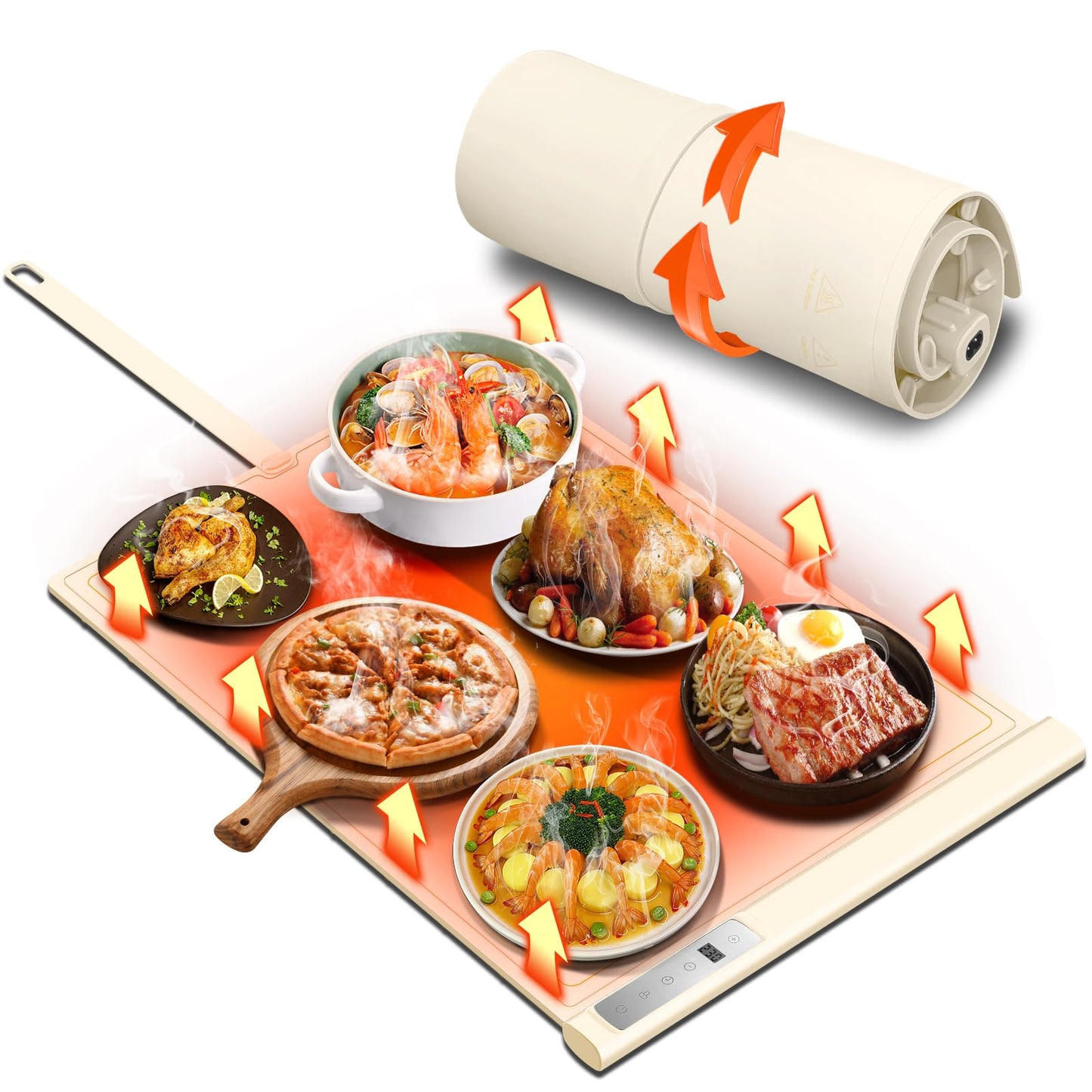 Warming Mat for Food | Max Temp 248℉,Electric Warming Tray with Timer and 8-Level Adjustable,Fast Full-Surface Food Heating Mat with Child Lock,Roll-Up & Portable Silicone Food Warmer for Buffet Party
