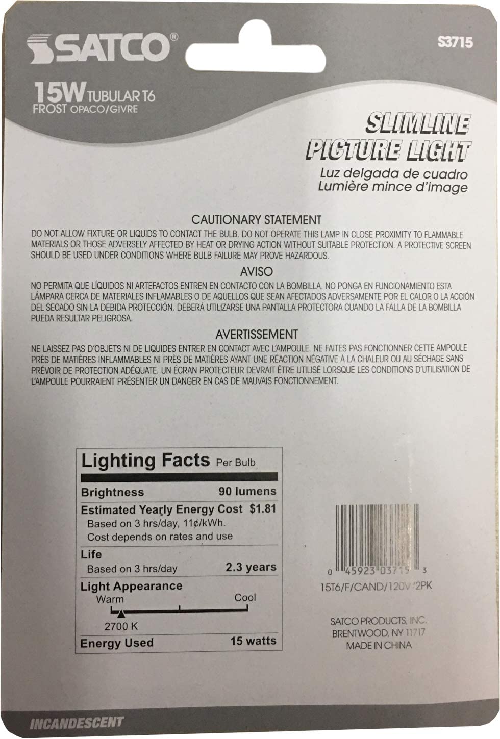 Satco S3715 15W T6 Candelabra Bulb, Frosted Glass, 120V, 1 Count
